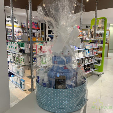 Canastilla de bebe caja redonda topitos azul